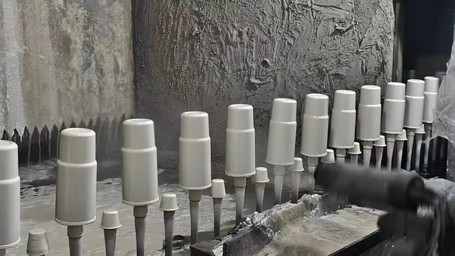 Rows of stainless steel tumbler bodies positioned on rotating production fixtures