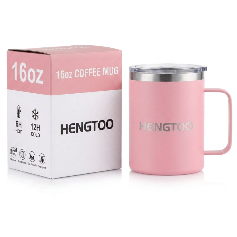 Custom Logo 16oz Stainless Steel Coffee Mug with Handle and Lid Vacuum Insulated Leak-Proof BPA Free Promotional Gift Cup