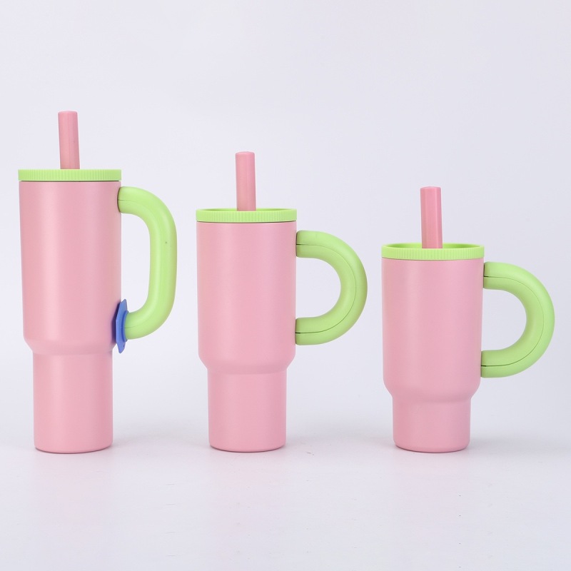 Customized 304 Stainless Steel Portable Vacuum Insulated Cup with High Quality Handle, Car Cup with Portable Sipping Tube