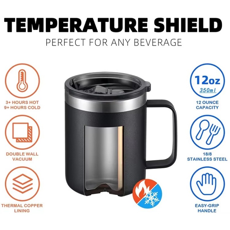 Personalized 12 oz 14 oz 16 oz 24 oz Insulated Coffee Mug with Handle Powder Coated Stainless Steel Travel Metal Coffee Cup