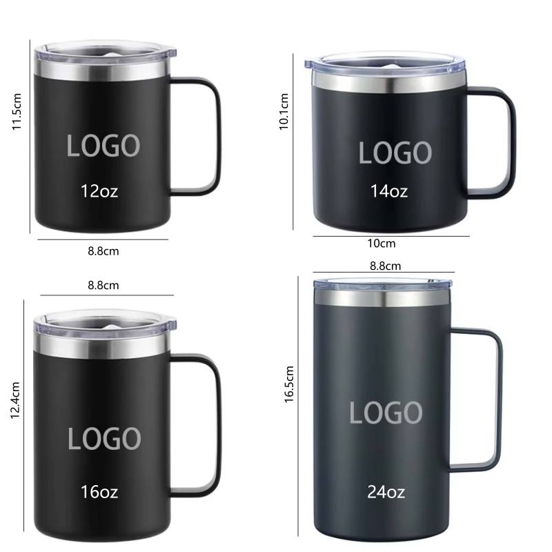 Personalized 12 oz 14 oz 16 oz 24 oz Insulated Coffee Mug with Handle Powder Coated Stainless Steel Travel Metal Coffee Cup