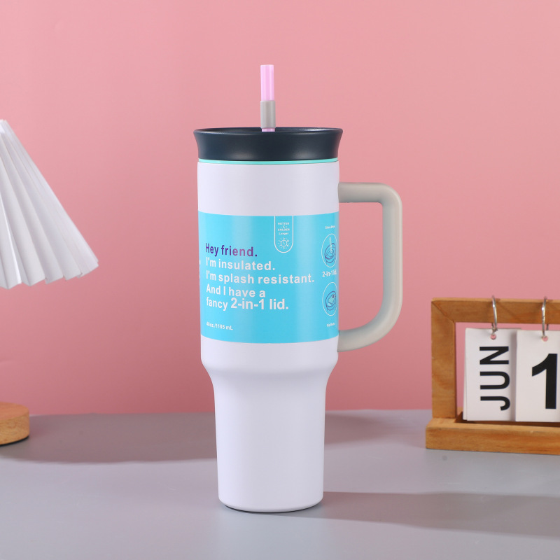 Stainless Steel 40oz Office Cup Tumbler Handle Straw Leakproof Vacuum Insulated 12-24hr Thermal Insulation Custom Logo Available