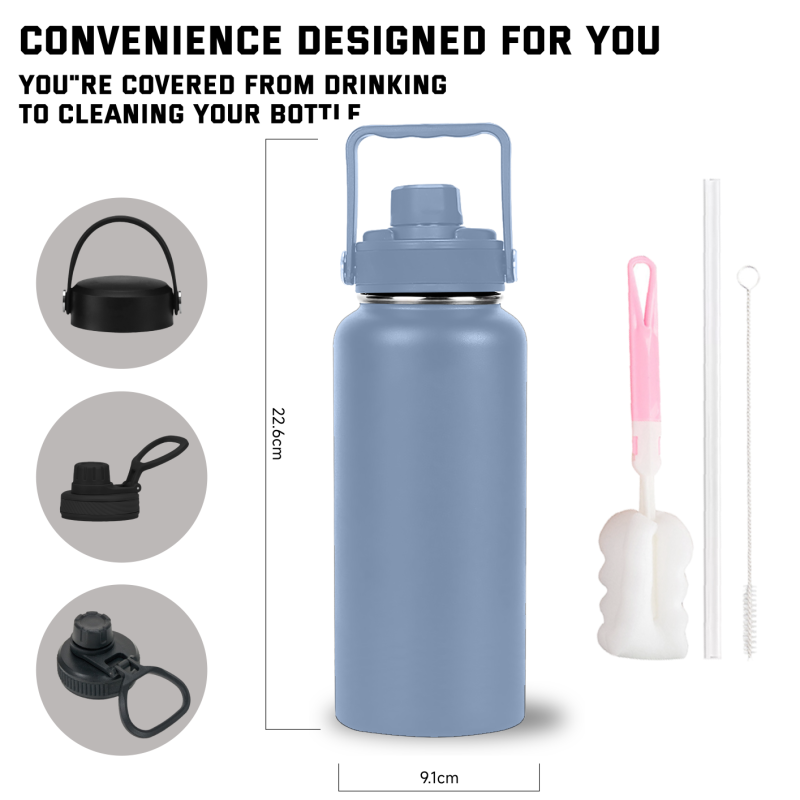 Premium 24oz Insulated Stainless Steel Sports  Leak-proof Wide Mouth Water Bottle Flask with Handle for Gym Yoga Hiking