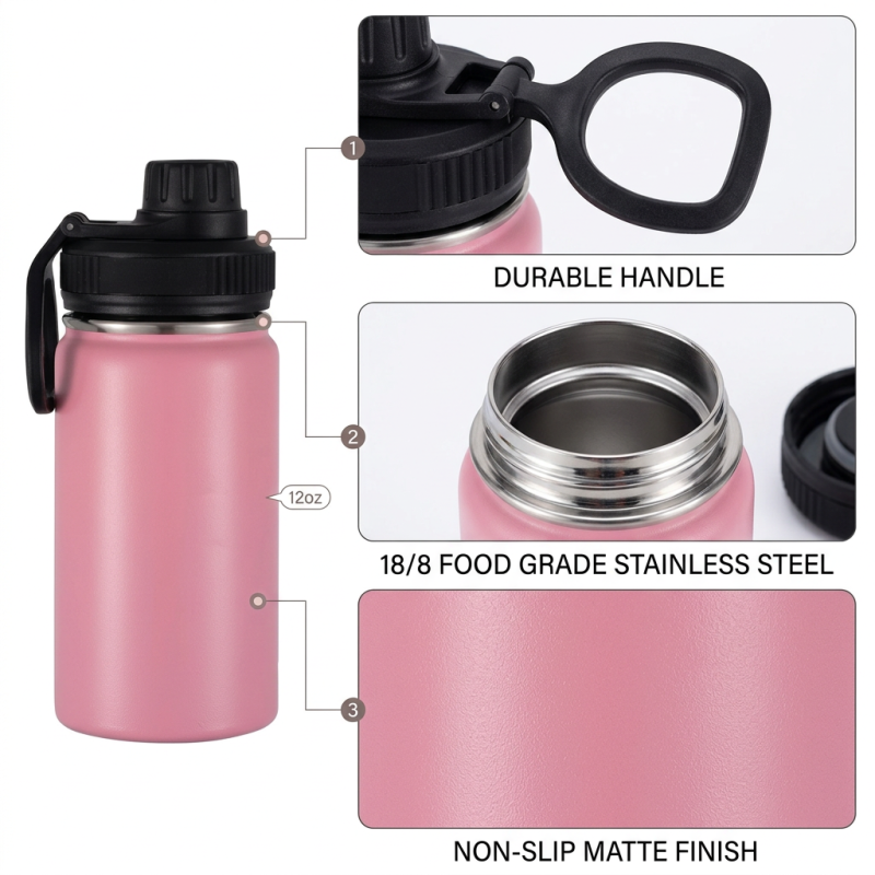 12oz Stainless Steel Double Wall Vacuum Tumbler Handle Lid BPA Free Eco-Friendly for Outdoor Camping Hiking Gym Cold Drinks