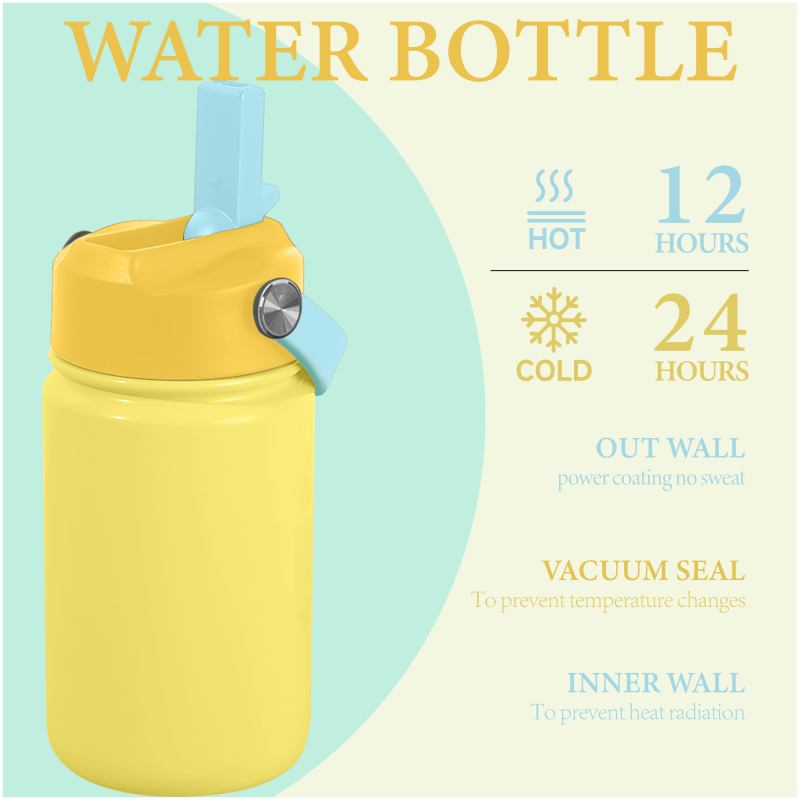 Kid Water Bottle 12oz Double Wall 18/8 Stainless Steel Vacuum Insulated for Children With BPA-free Lid
