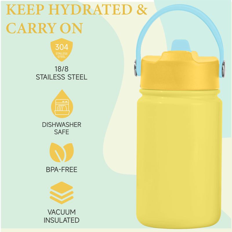 Kid Water Bottle 12oz Double Wall 18/8 Stainless Steel Vacuum Insulated for Children With BPA-free Lid