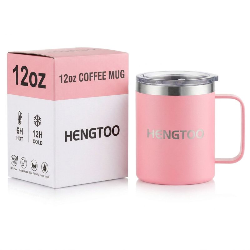 Wholesale 12oz Custom Logo Stainless Steel Office Cup Coffee Mug Vacuum Insulated Travel Tumbler Handle Lid Leak-Proof BPA Free