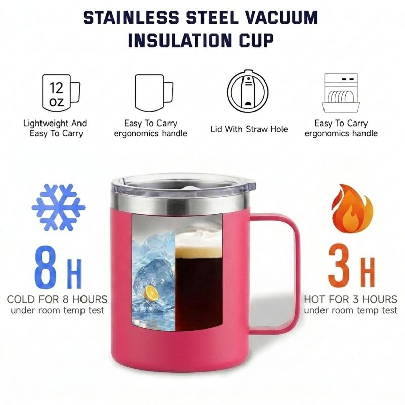 New Arrival 12oz Stainless Steel Vacuum Insulated Coffee Travel Mug with Handle and Lid BPA Free for Camping & Office Use
