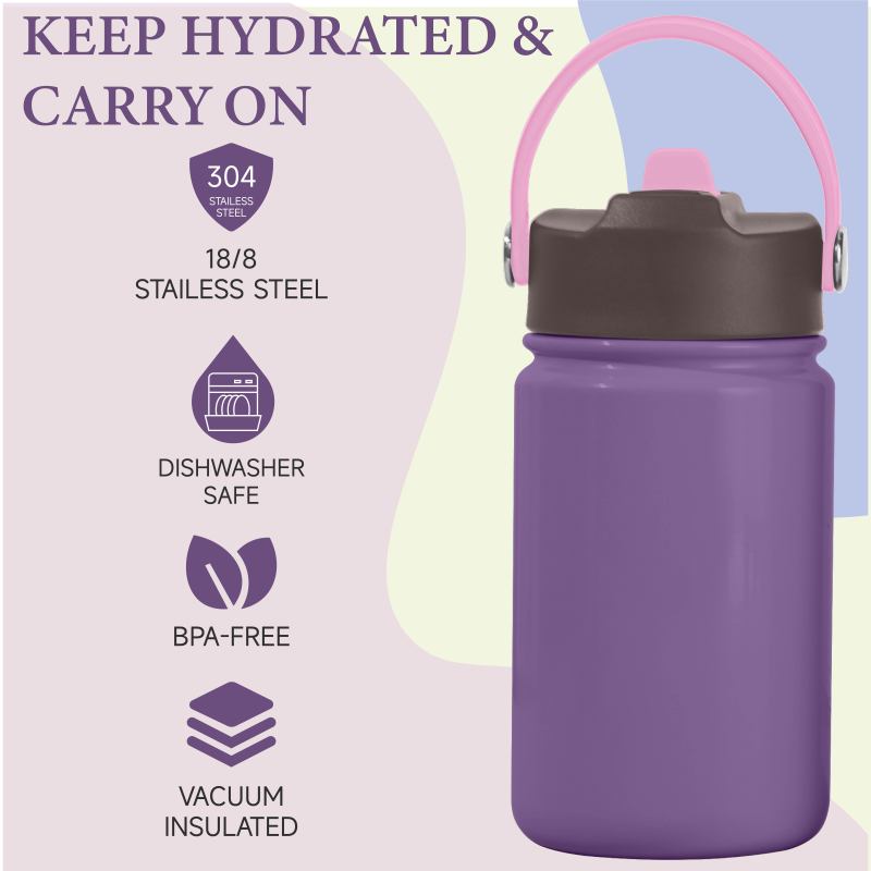 BPA Free Stainless Steel Kids 12oz Water Bottle Straw Drinking Children Kids Drink School Cute Pattern Water Bottle
