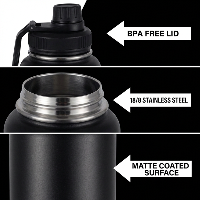 Minimalist Design 32oz Vacuum Flask Insulated Stainless Steel Water Bottle with Multiple Lids  School Travel Sports