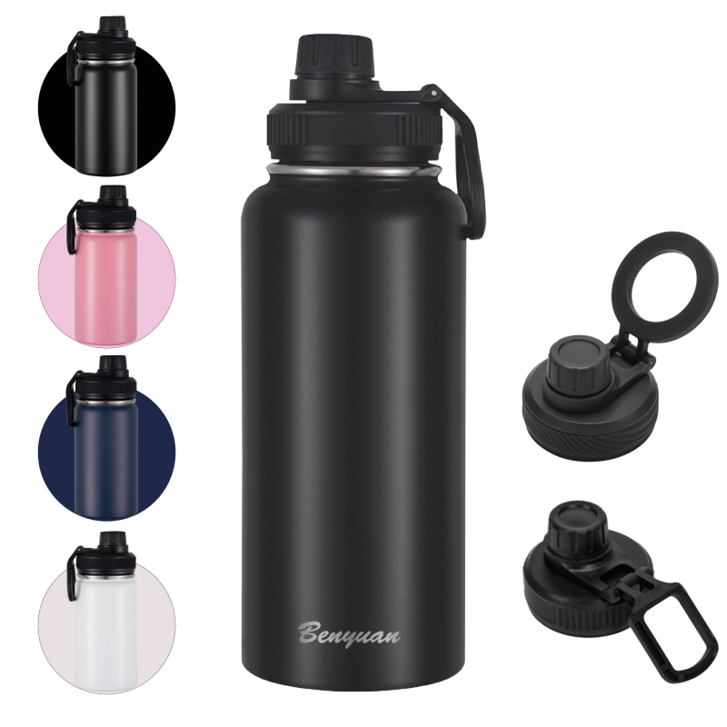 Minimalist Design 32oz Vacuum Flask Insulated Stainless Steel Water Bottle with Multiple Lids  School Travel Sports