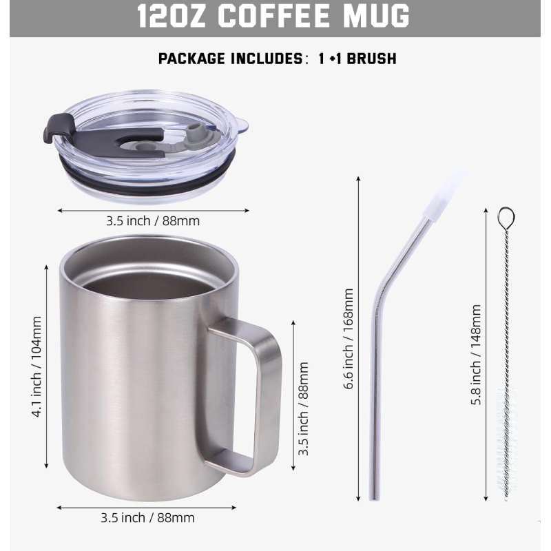 12oz Coffee Mug With Handle, Double Wall Stainless Steel Insulated Lowball Tumbler Keeping Hot and Cold Camping Mugs