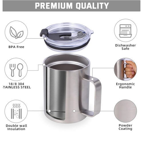 12oz Custom Insulated Double Wall Stainless Steel Travel Coffee Cup Mug Camper Camping Thermos with Handle Lid Office Cup