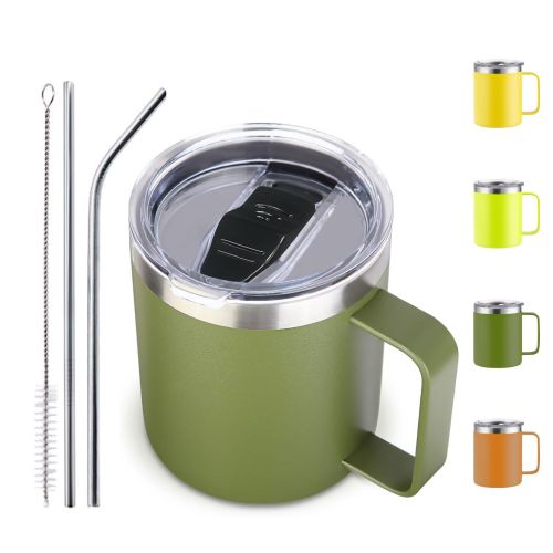 12oz Custom Insulated Double Wall Stainless Steel Travel Coffee Cup Mug Camper Camping Thermos with Handle Lid Office Cup