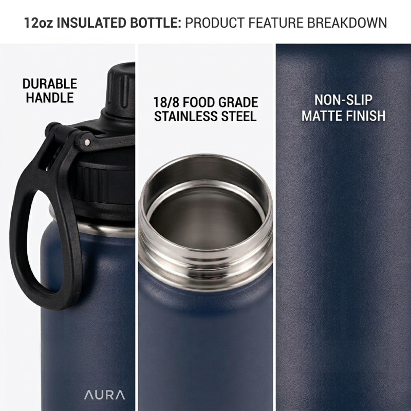 Custom Logo Stainless Steel Insulated Sports Water Bottle 12oz Wide Mouth Vacuum Flask Cleaning Brush Hot Water Safe for Hiking