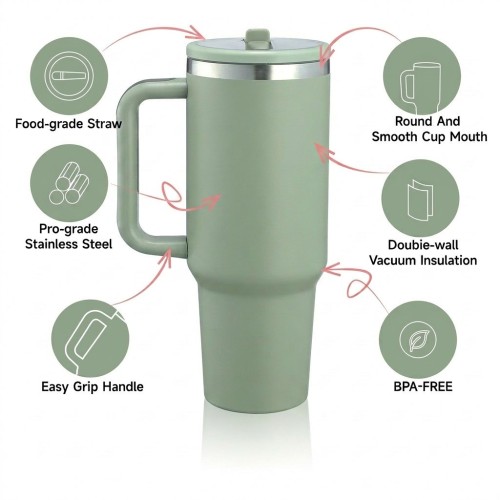 Wholesale 40oz Tumbler with Handle, Custom Logo Stainless Steel Insulated Travel Mug, Premium Spout Lid & Non-Slip Grip Factory Direct - HENGTOO