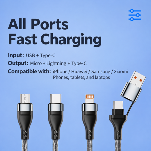 120W PD 2-in-3 Fast Charging Braided Data Cable Type-C Lightning Micro USB Multi Charging Cord