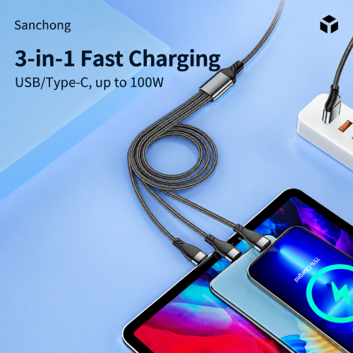 120W PD 2-in-3 Fast Charging Braided Data Cable Type-C Lightning Micro USB Multi Charging Cord