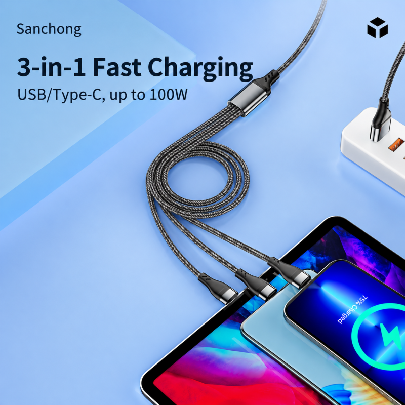 120W PD 2-in-3 Fast Charging Braided Data Cable Type-C Lightning Micro USB Multi Charging Cord
