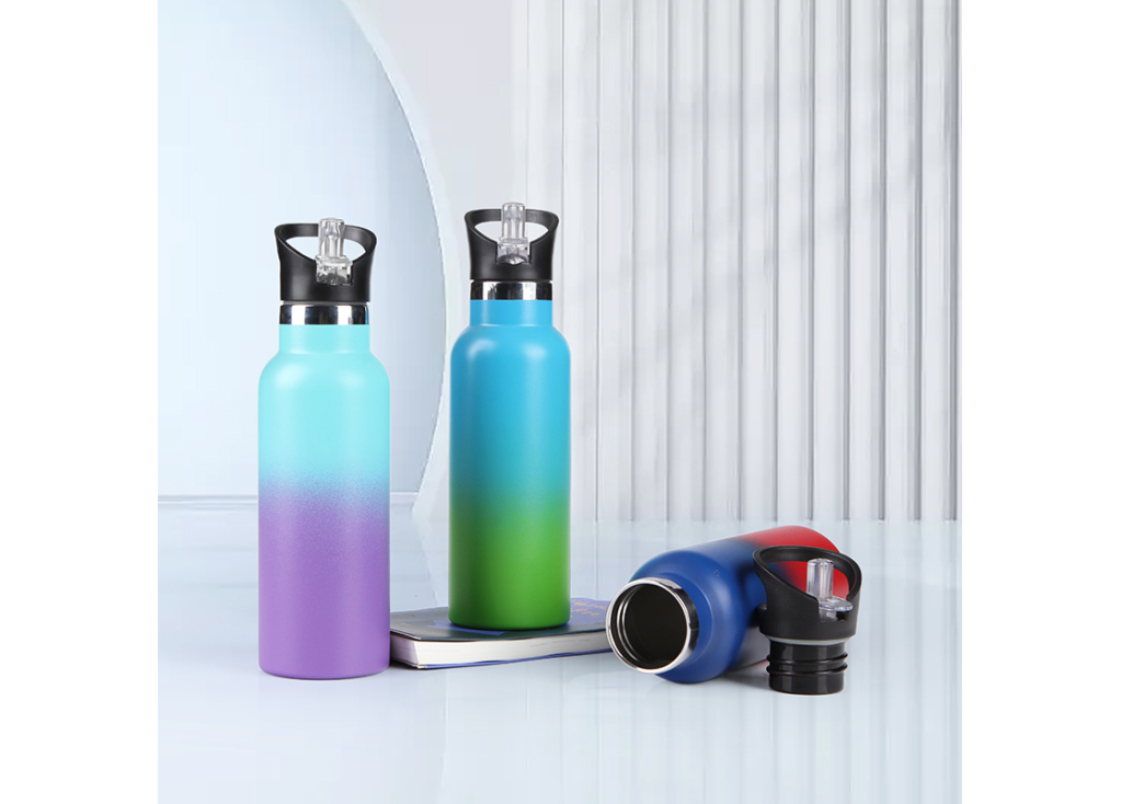 Colorful gradient water bottles on display