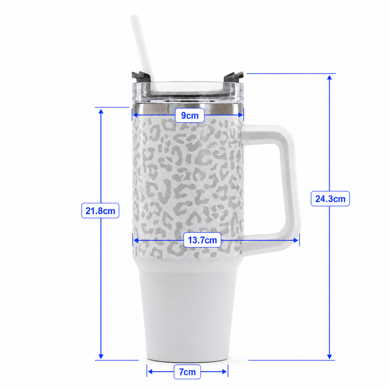 30oz Vacuum Insulated Travel Tumbler with Side Handle，Screw-On Spill-Resistant Lid & PP Straw