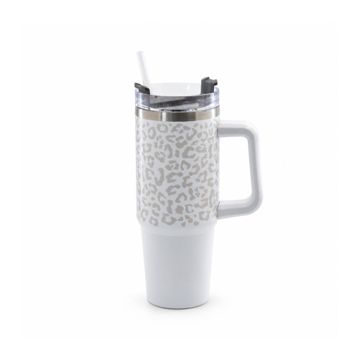 30oz Vacuum Insulated Travel Tumbler with Side Handle，Screw-On Spill-Resistant Lid & PP Straw