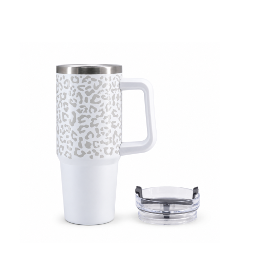 30oz Vacuum Insulated Travel Tumbler with Side Handle,Screw-On Spill-Resistant Lid & PP Straw