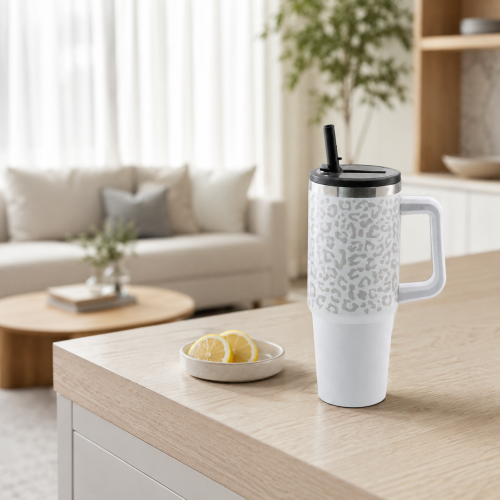 30oz Vacuum Insulated Travel Tumbler with Side Handle,Screw-On Spill-Resistant Lid & PP Straw