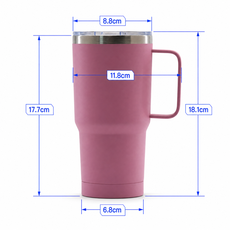 20 oz Double-Wall Stainless Steel Vacuum Tumbler with Side Handle & Spill-Resistant Push-On Sliding Lid