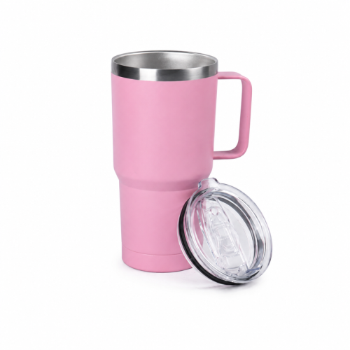20 oz Double-Wall Stainless Steel Vacuum Tumbler with Side Handle & Spill-Resistant Push-On Sliding Lid