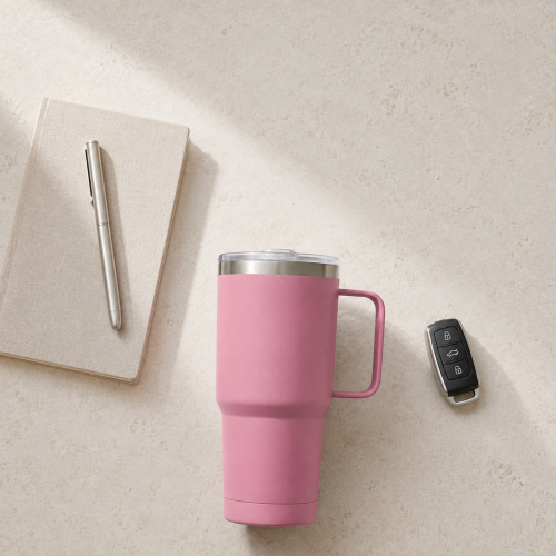 20 oz Double-Wall Stainless Steel Vacuum Tumbler with Side Handle & Spill-Resistant Push-On Sliding Lid