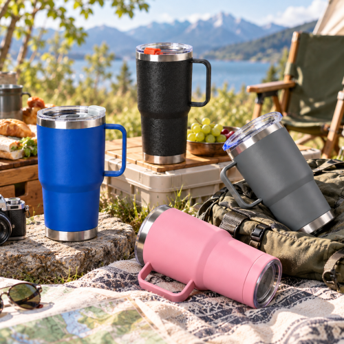 20 oz Double-Wall Stainless Steel Vacuum Tumbler with Side Handle & Spill-Resistant Push-On Sliding Lid