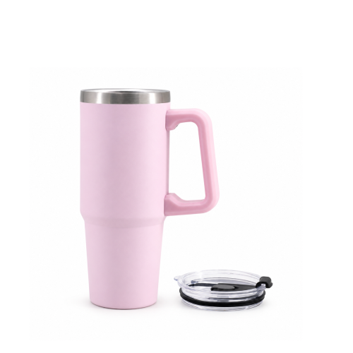 30oz Vacuum Insulated Travel Tumbler with Side Handle,2-in-1 Spill-Resistant Push-On Lid & Straw