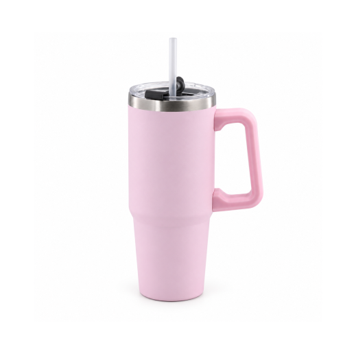 30oz Vacuum Insulated Travel Tumbler with Side Handle，2-in-1 Spill-Resistant Push-On Lid & Straw
