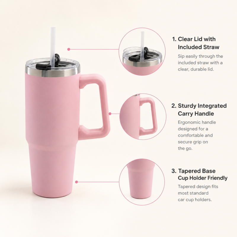 30oz Vacuum Insulated Travel Tumbler with Side Handle，2-in-1 Spill-Resistant Push-On Lid & Straw