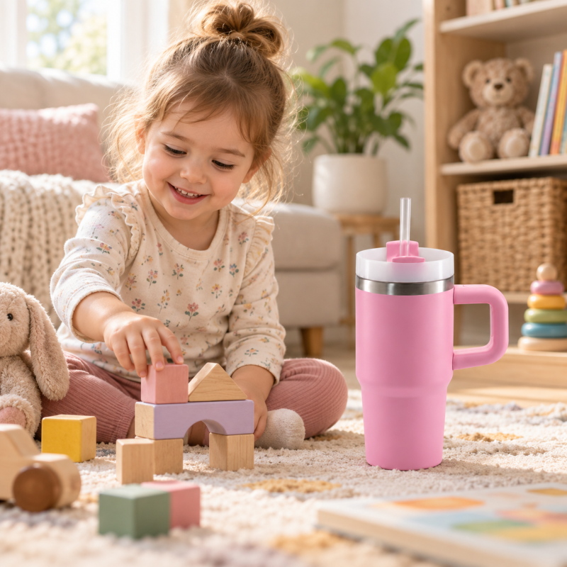14oz Vacuum Insulated Kids Tumbler with Handle, Clear Screw-On Spill-Resistant Lid & PP Straw