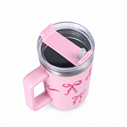 40oz Vacuum Insulated Travel Tumbler with Side Handle,Screw-On Spill-Resistant Lid & PP Straw