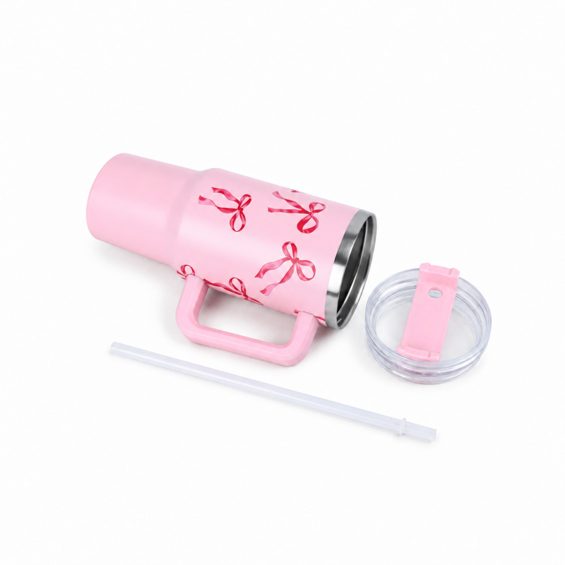 40oz Vacuum Insulated Travel Tumbler with Side Handle，Screw-On Spill-Resistant Lid & PP Straw
