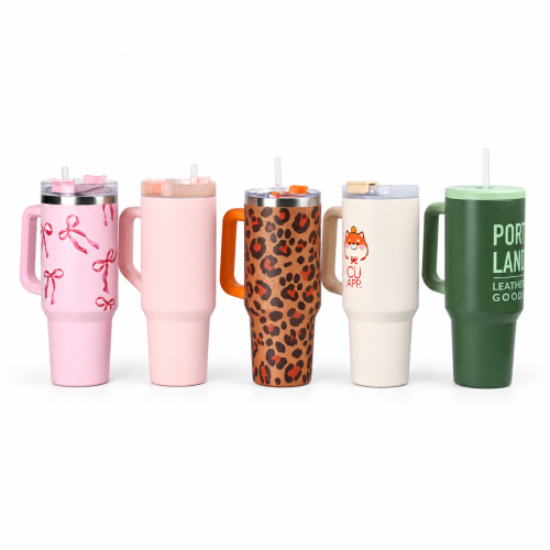 40oz Vacuum Insulated Travel Tumbler with Side Handle,Screw-On Spill-Resistant Lid & PP Straw