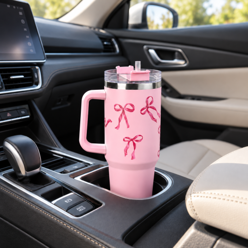 40oz Vacuum Insulated Travel Tumbler with Side Handle,Screw-On Spill-Resistant Lid & PP Straw