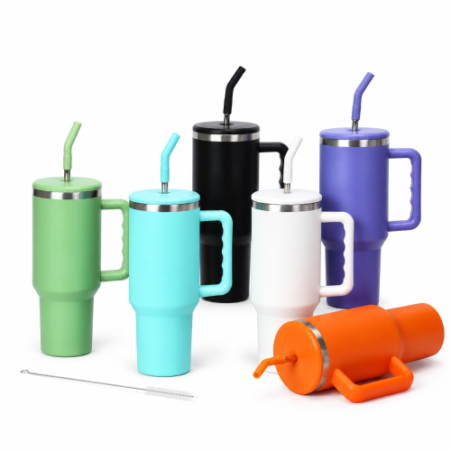 40oz Vacuum Insulated Travel Tumbler with Side Handle,Screw-On Spill-Resistant Lid & PP Straw