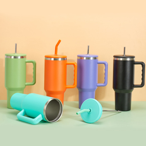 40oz Vacuum Insulated Travel Tumbler with Side Handle,Screw-On Spill-Resistant Lid & PP Straw