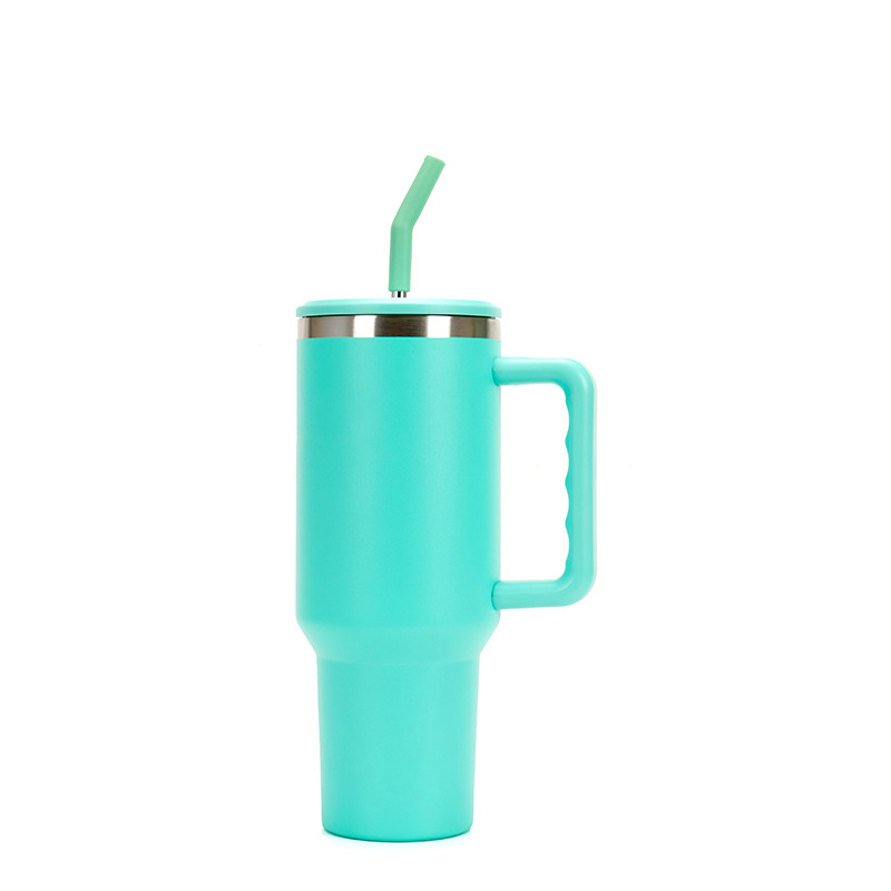 40oz Vacuum Insulated Travel Tumbler with Side Handle，Screw-On Spill-Resistant Lid & PP Straw