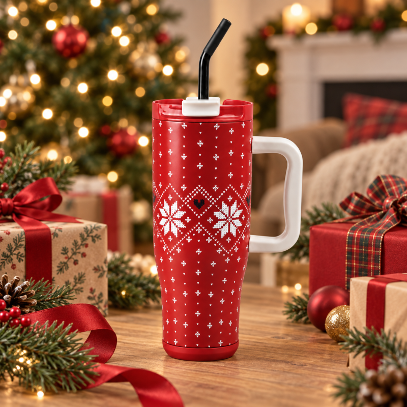 40oz Double-Wall Vacuum Insulated Tumbler with Handle & Spill-Resistant 2-in-1 Straw/Sip Lid