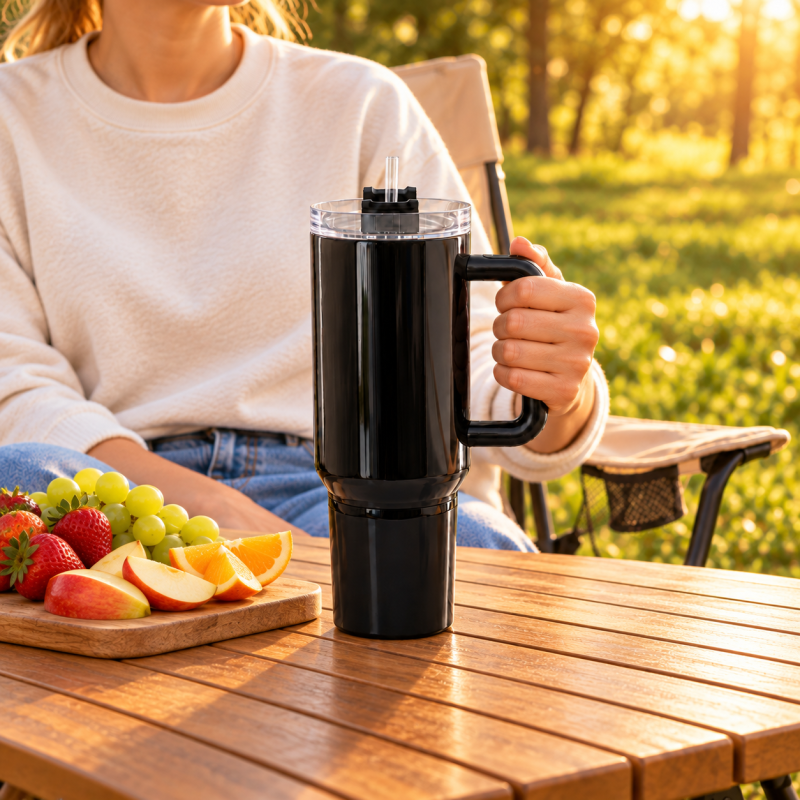 2-in-1 Drink & Snack Stainless Steel Vacuum Insulated Tumbler with Handle, Straw Lid and Detachable Food Container