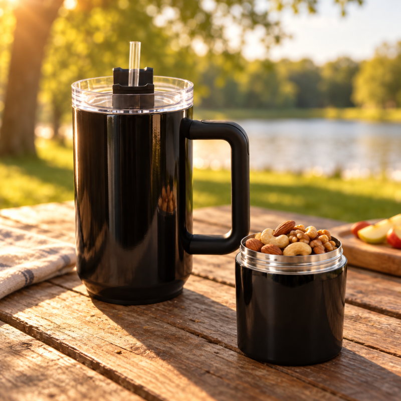 2-in-1 Drink & Snack Stainless Steel Vacuum Insulated Tumbler with Handle, Straw Lid and Detachable Food Container