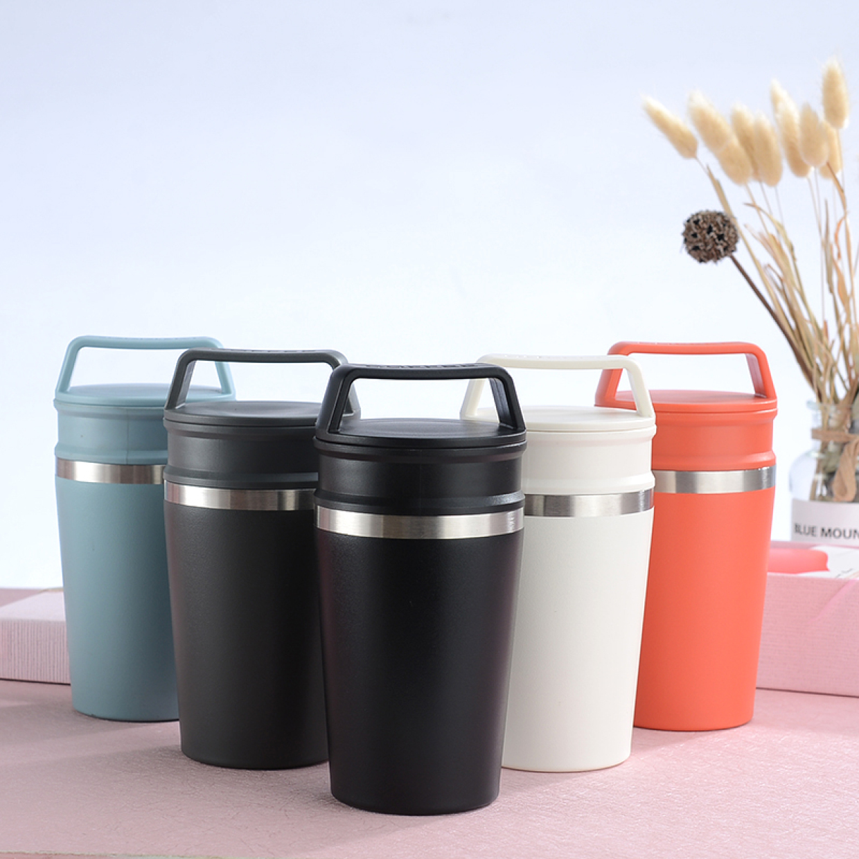 Q450A - Hot Double Wall Vacuum Stainless Steel Thermos Tumbler Coffee Mugs with Portable Handle Lid