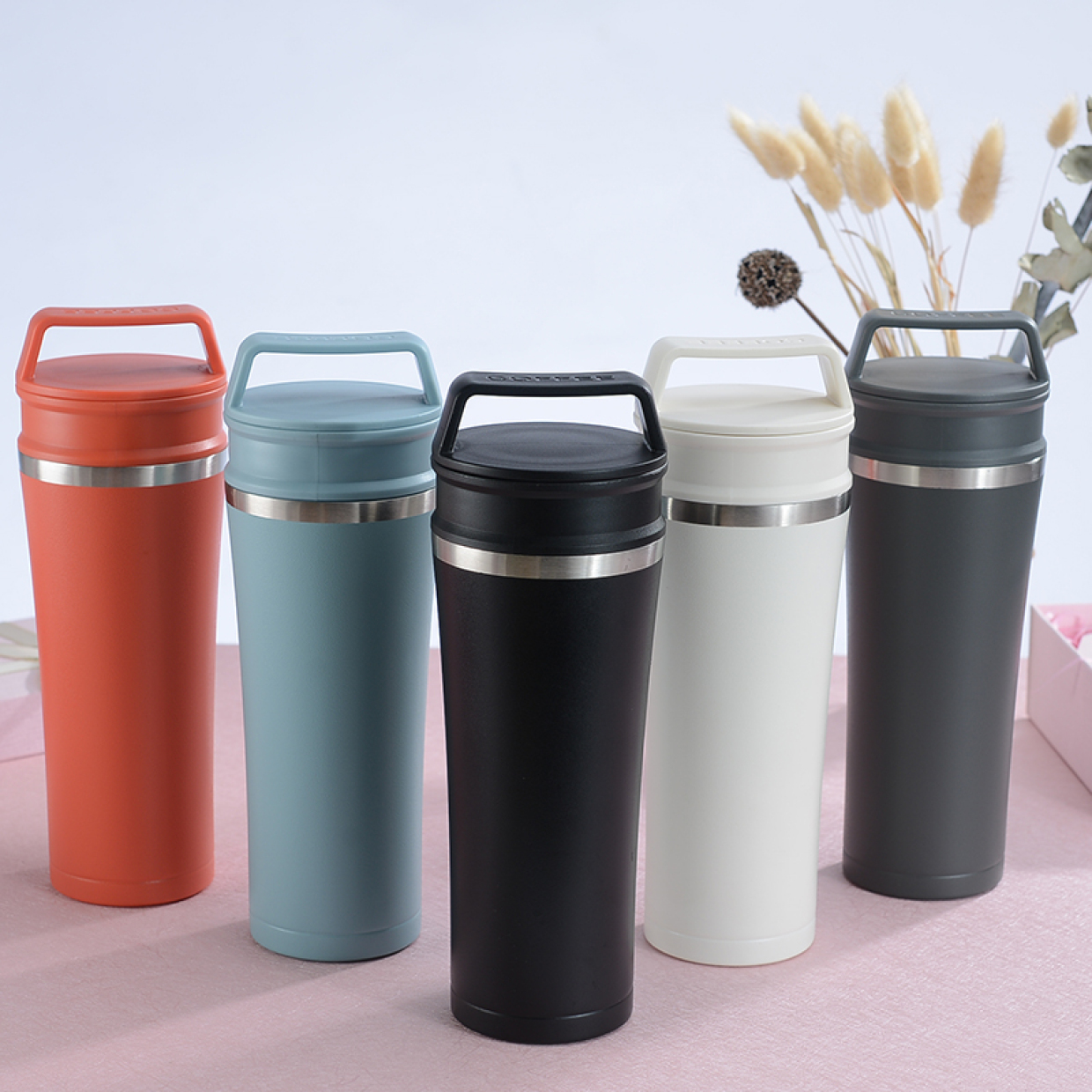 Q450A - Hot Double Wall Vacuum Stainless Steel Thermos Tumbler Coffee Mugs with Portable Handle Lid