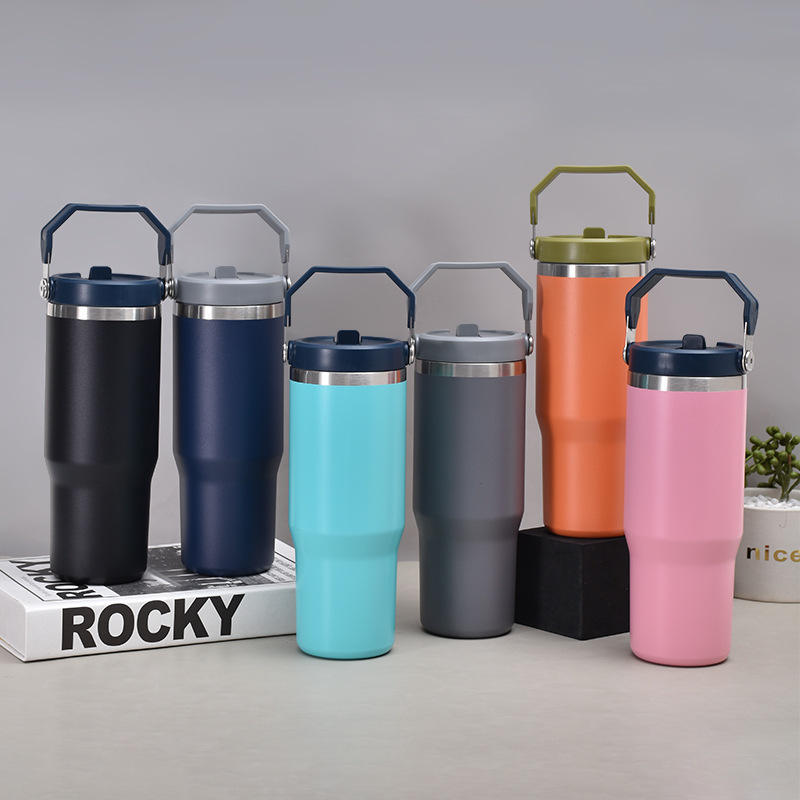 Q900C-30OZ Powder Coated Stainless Steel Tumbler Insulated Travel Coffee Mug With Handle