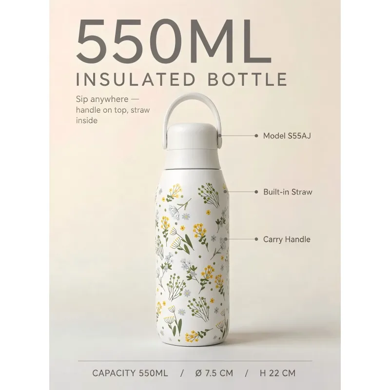 S500AJ-500ml 3D floral pattern designDouble wall stainless steel vacuum bottle with handle